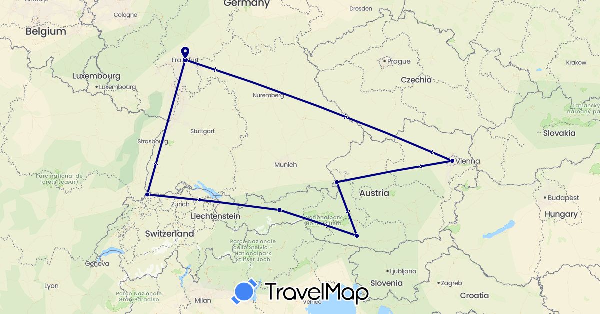 TravelMap itinerary: driving in Austria, Switzerland, Germany (Europe)